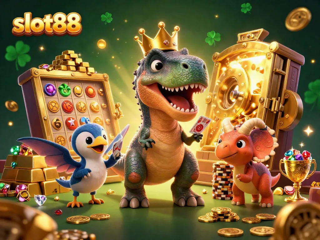 Experience the excitement of slot88 with this dynamic 3D casino scene featuring cartoon dinosaurs and slot reels.