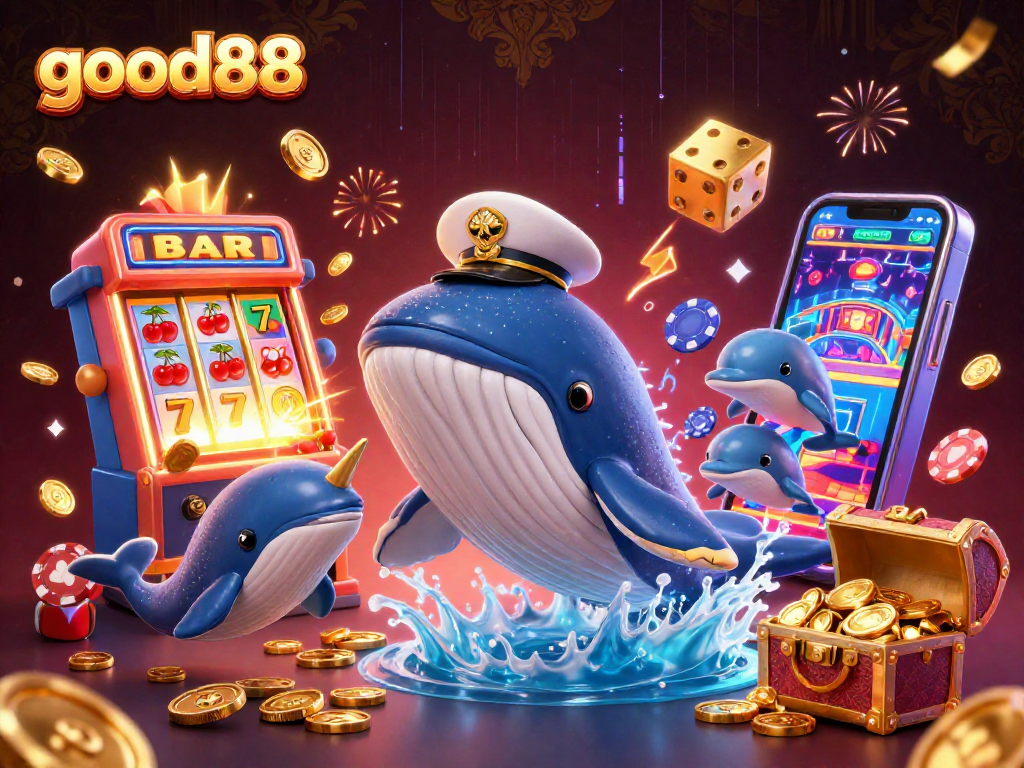 Exciting jackpot action at good888 with a cartoon whale and dolphins amidst vibrant casino themes.