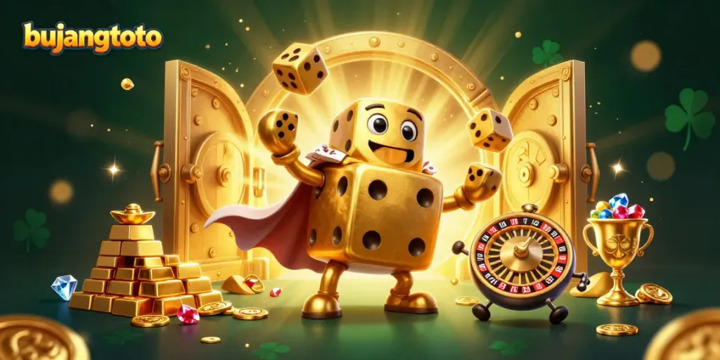 Enjoy thrilling games at bujangtoto with a lively illustration of golden dice and vibrant casino elements.