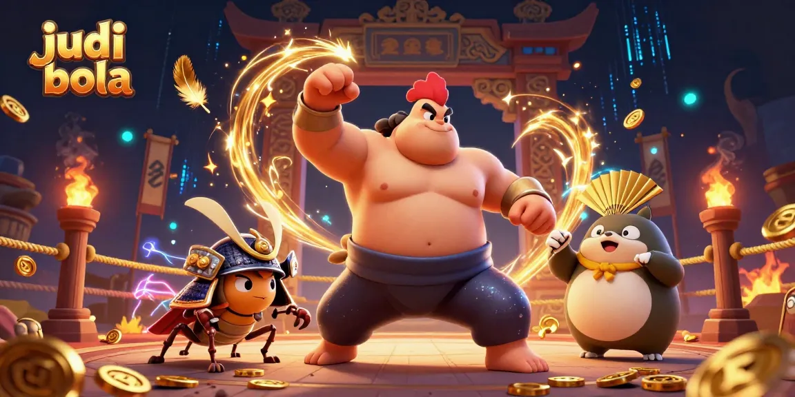 Witness an action-packed judi bola scene with a powerful sumo wrestler rooster, a fierce cricket, and a tanuki announcer.