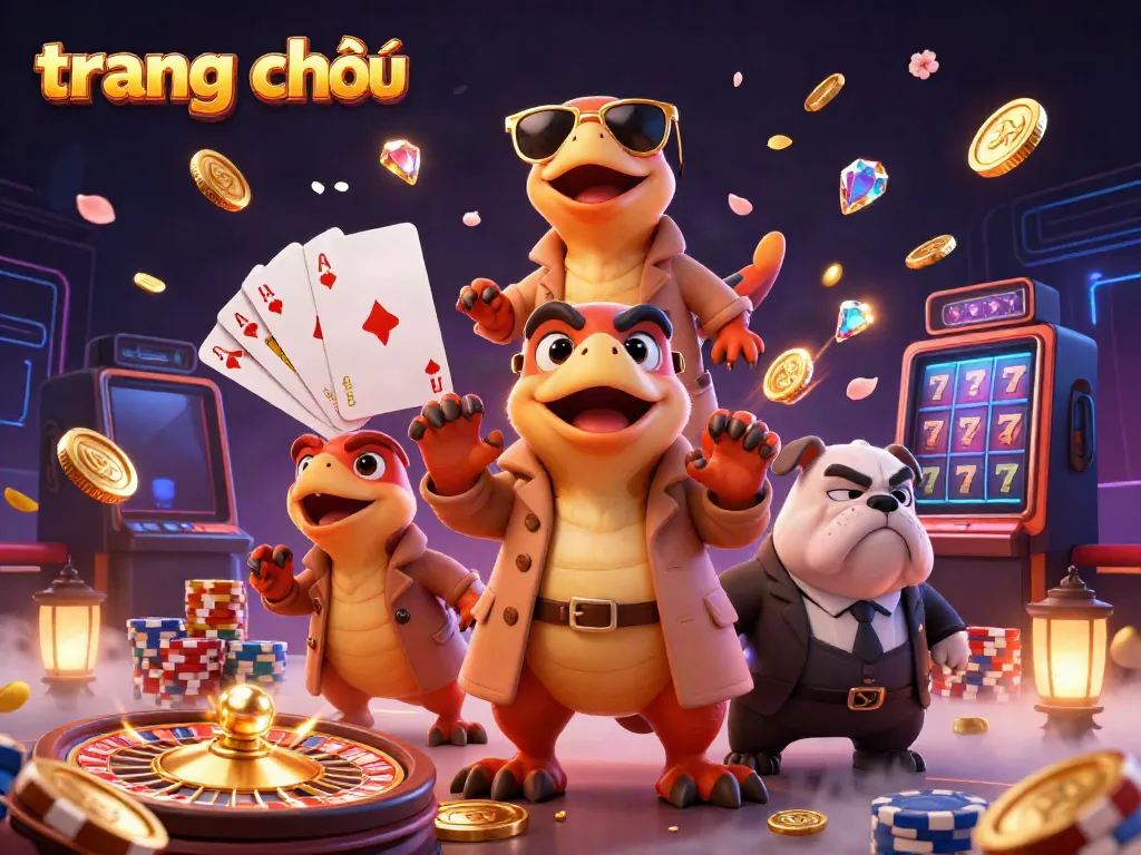 Experience the vibrant energy of "trang chủ" with three raptors in disguise at a VIP casino, surrounded by cascading treasures.