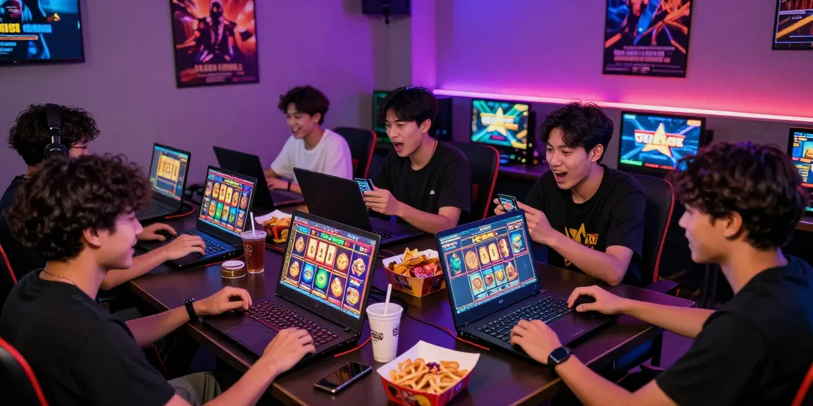 Suasana permainan slot gacor yang ceria dengan pemain bersemangat dan layar kemenangan yang berwarna-warni.