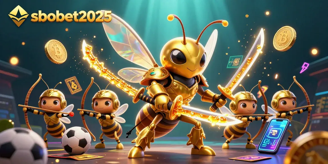 Bet on sbobet2025 with a vibrant illustration featuring golden hornet warriors amidst sports betting excitement.