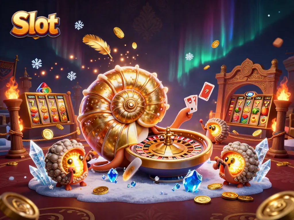 Slot permainan kasino dengan karakter nautilus raksasa dan simbol keberuntungan.