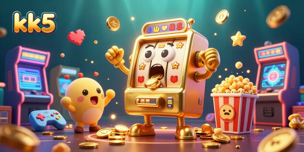 kk5 slot machine celebrating a jackpot, coins spilling out, with cheering baby slots and a popcorn machine