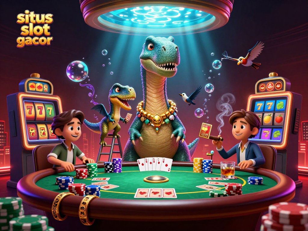 Experience situs slot gacor with a vibrant scene of a dinosaur dealing cards over a poker table.