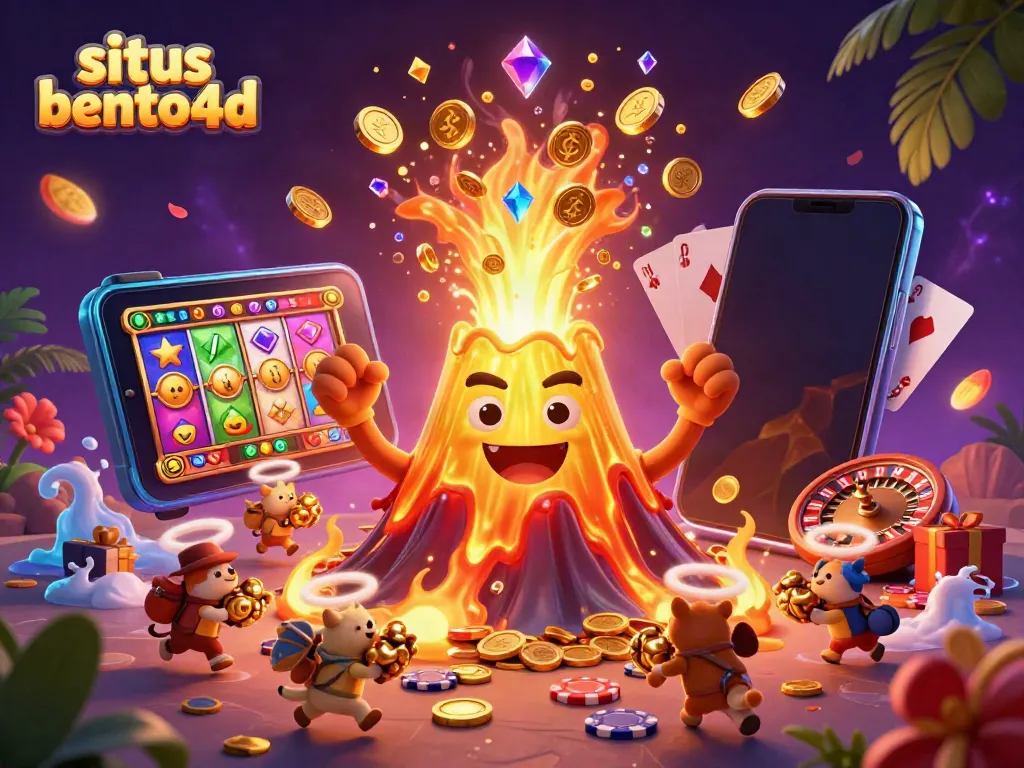 Win big at situs bento4d with vibrant casino treasures and a erupting golden volcano illustration.