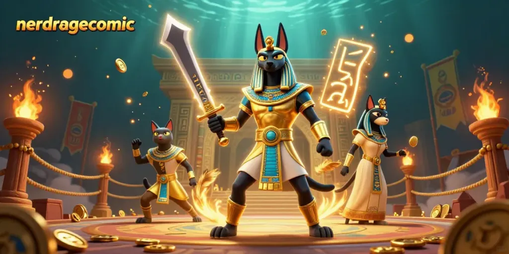 Komik nerdragecomic dengan Anubis dan Bastet berinteraksi di arena taruhan, berlimpah koin emas.