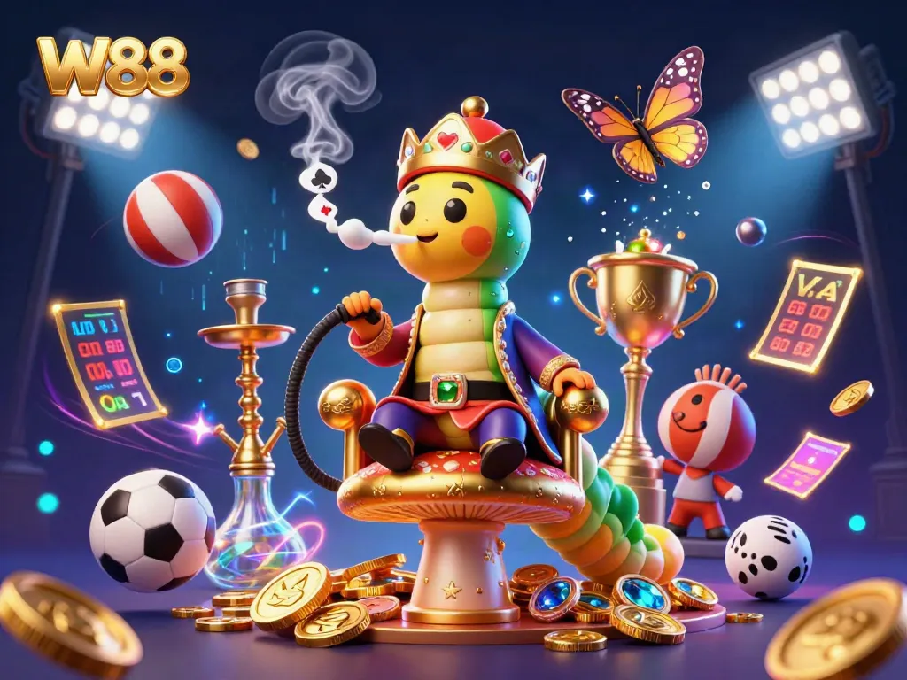 W88 showcases betting excitement with a 3D cartoon caterpillar in a casino scene full of dynamic sports elements.