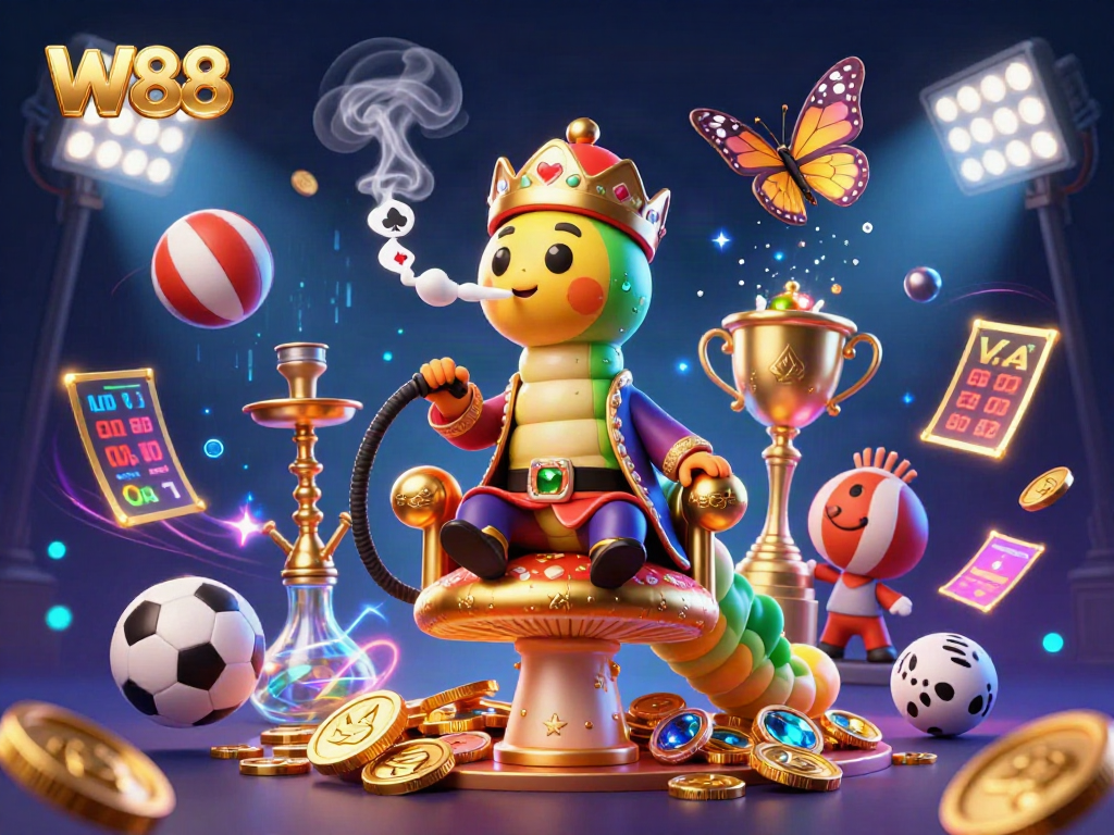 W88 showcases betting excitement with a 3D cartoon caterpillar in a casino scene full of dynamic sports elements.