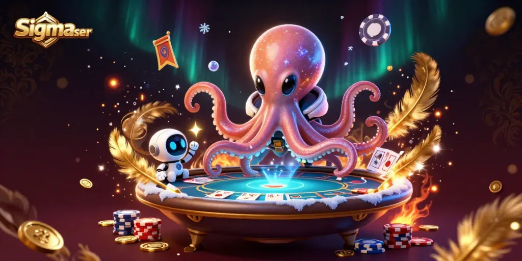 Engage with sigmauser in a vibrant poker scene featuring a playful alien octopus and its tiny robot.