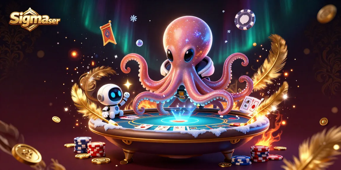 Engage with sigmauser in a vibrant poker scene featuring a playful alien octopus and its tiny robot.