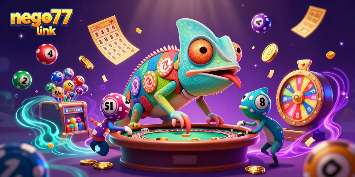 Engage with the thrilling world of NEGO77 link, where vibrant lottery balls and a chameleon casino owner energize the gaming experience.