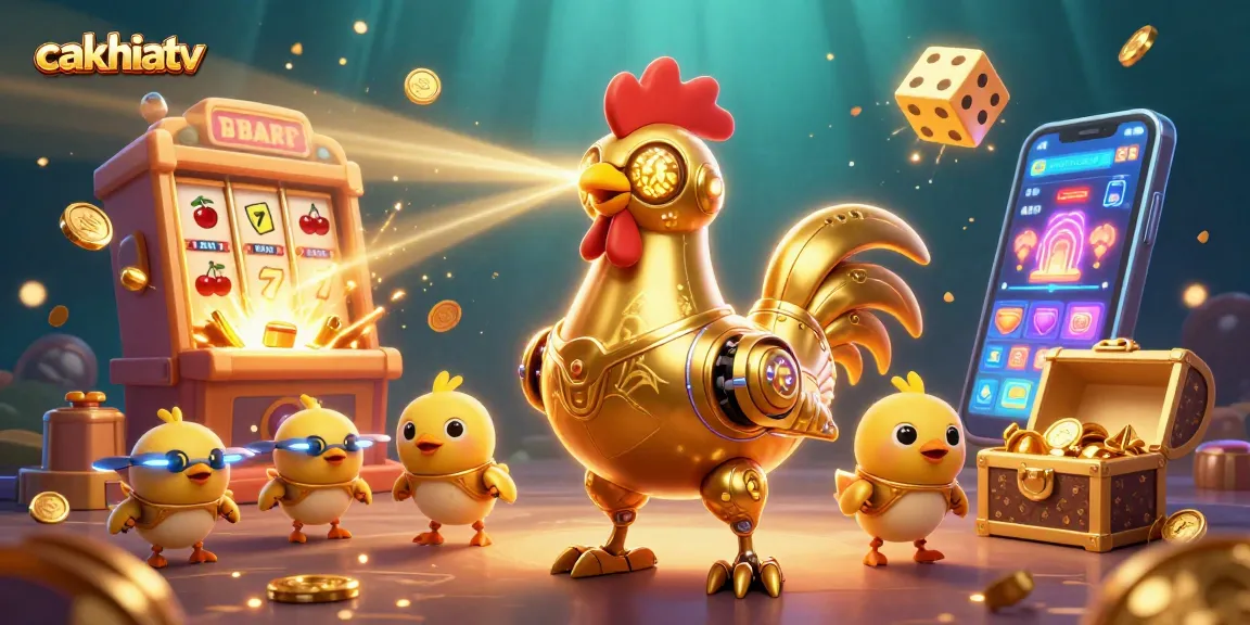 Cakhiatv showcases an engaging scene with a golden rooster robot and baby chick drones amid casino excitement.