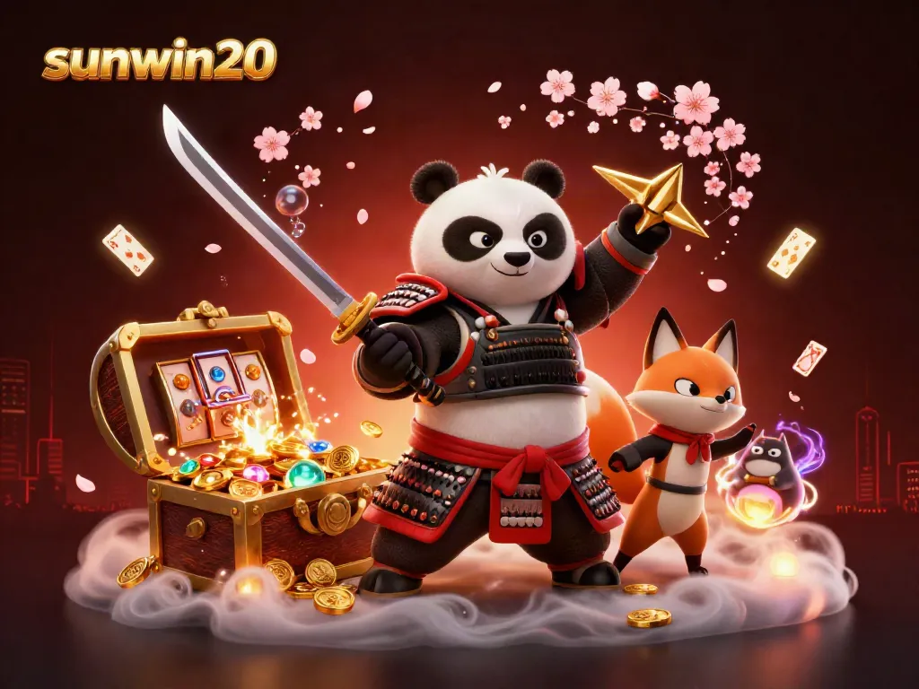 Experience thrilling action with sunwin20, featuring a panda samurai and ninja fox amidst casino treasures.
