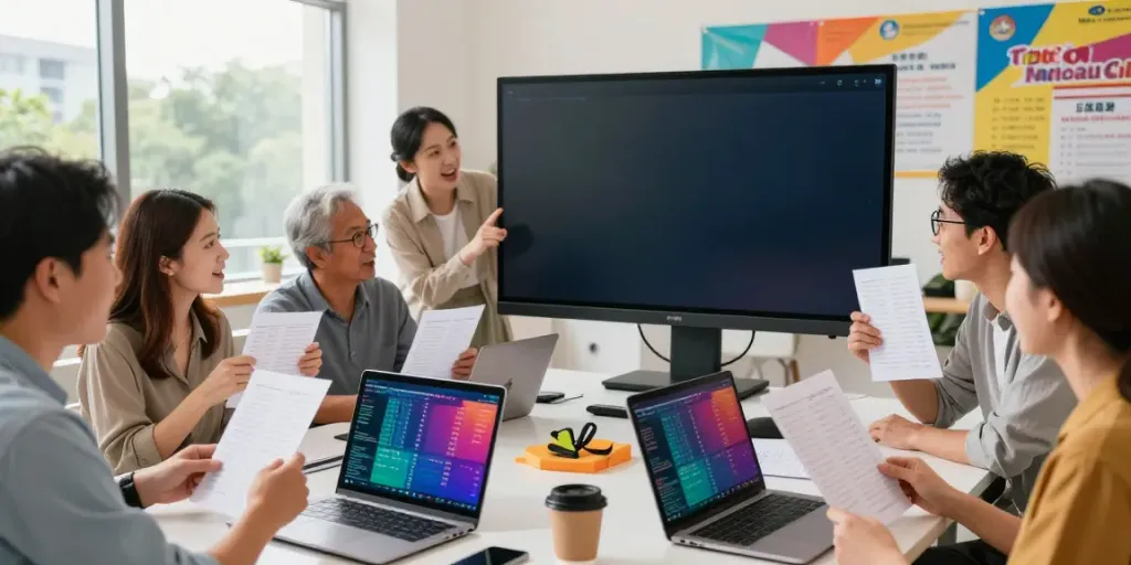 Komunitas berbincang tentang data macau dengan antusias di ruang bright.
