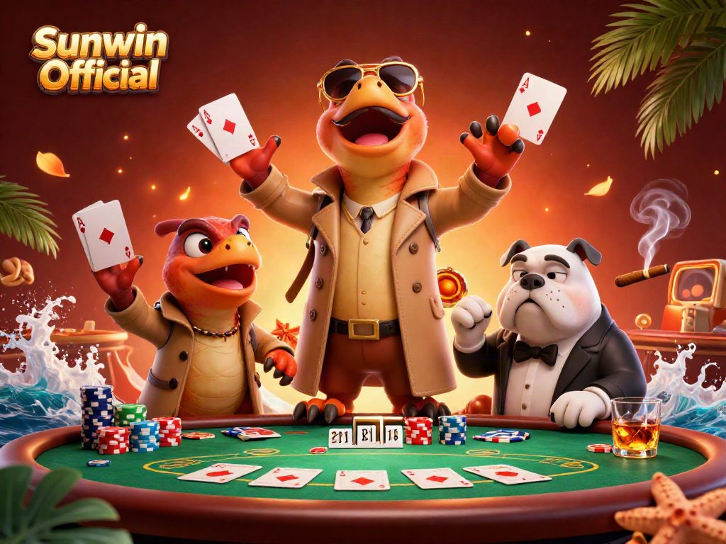 Engage with Sunwin Official's vibrant casino world featuring cartoon raptors and poker elements.