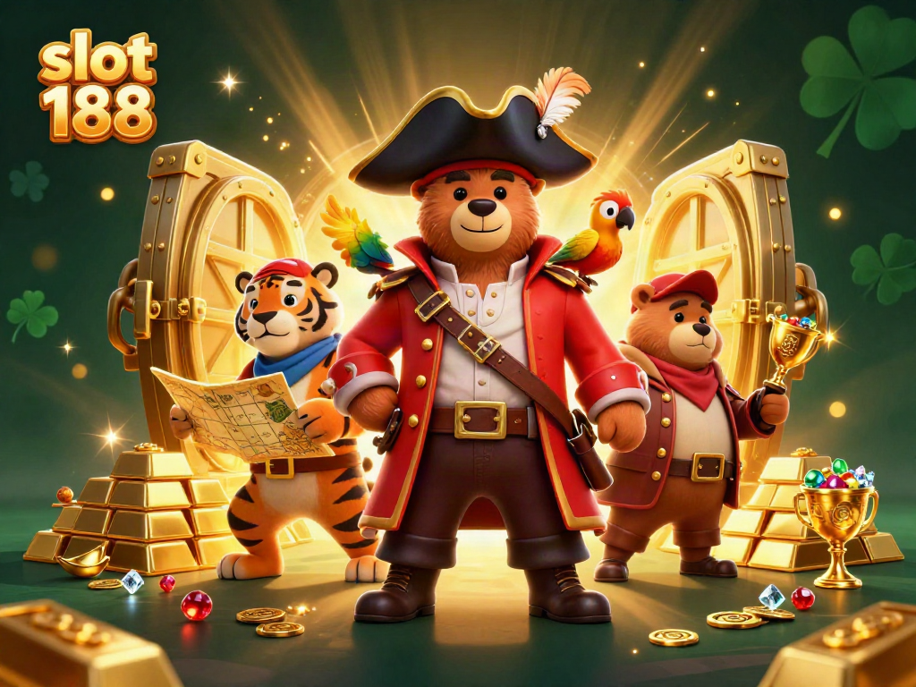 Slot 188 menampilkan ilustrasi kartun 3D karakter kapal bajak laut dikelilingi harta dan cahaya.