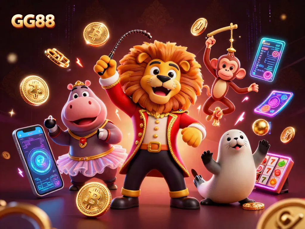 Experience the excitement of GG88 with a dynamic 3D casino scene featuring a ringmaster lion, hippo, monkey, and seal.