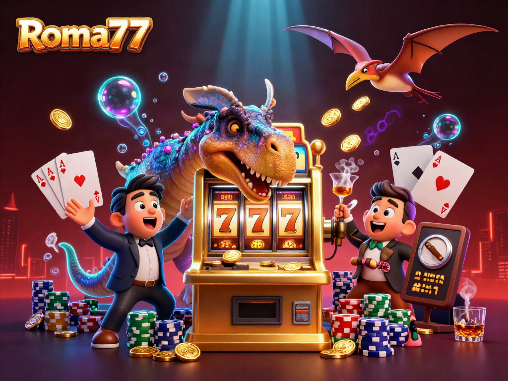 Experience Roma77's dynamic slot scene with epic characters and colorful game elements in action.
