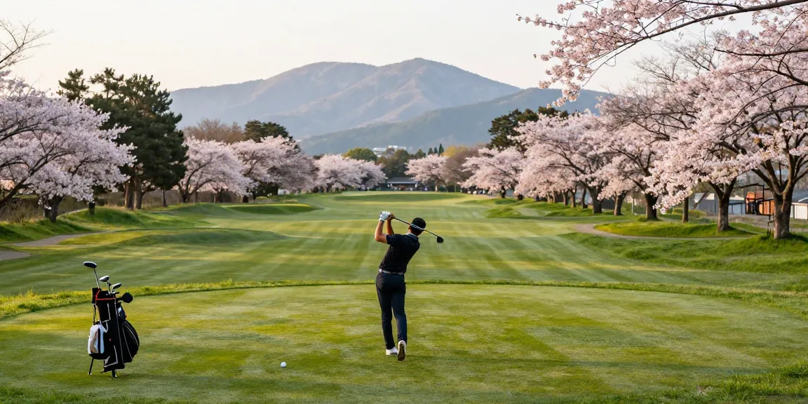 Pengalaman golf kelas dunia di Kato City, bro178 dengan lapangan hijau dan sakura mekar di latar belakang.