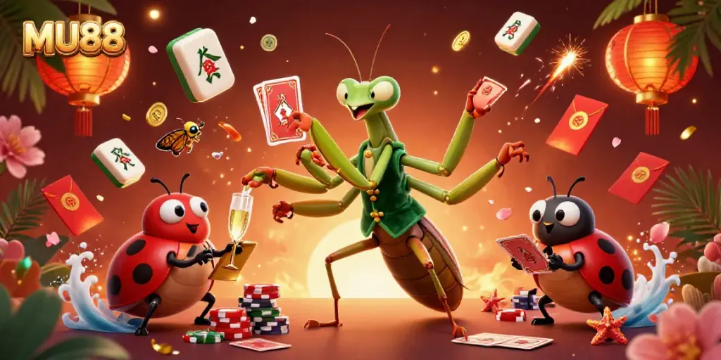 Experience vibrant gameplay at MU88 with a 3D cartoon mantis and ladybug dealer in a casino scene.