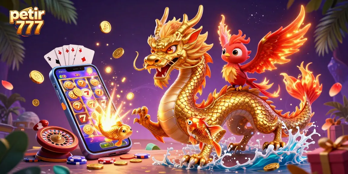Experience the exciting adventures of petir 777 with a stunning illustration of a dragon, phoenix, and koi fish!