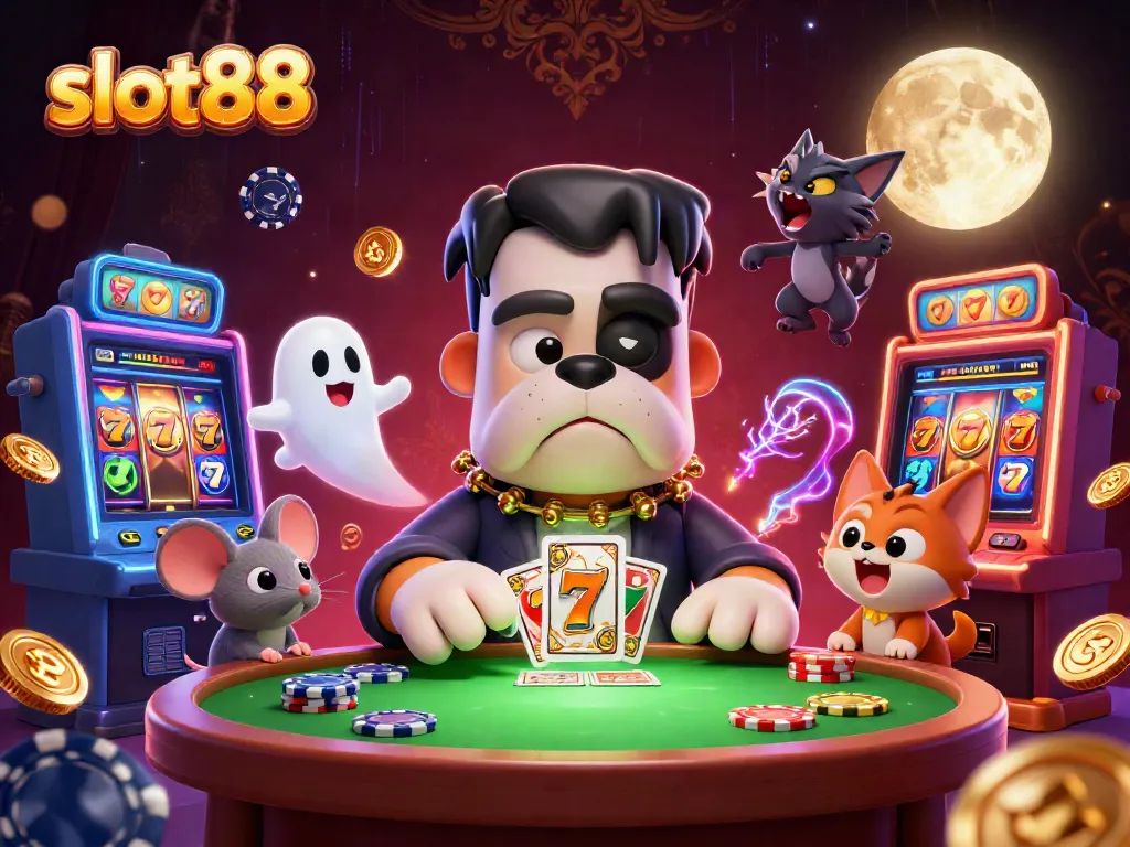 Slot88 menggambarkan Frankenstein bulldog dan teman-teman dalam suasana kasino yang semarak.
