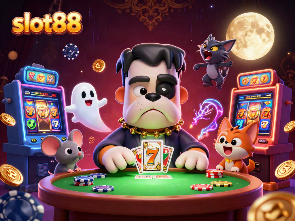 Slot88 menggambarkan Frankenstein bulldog dan teman-teman dalam suasana kasino yang semarak.