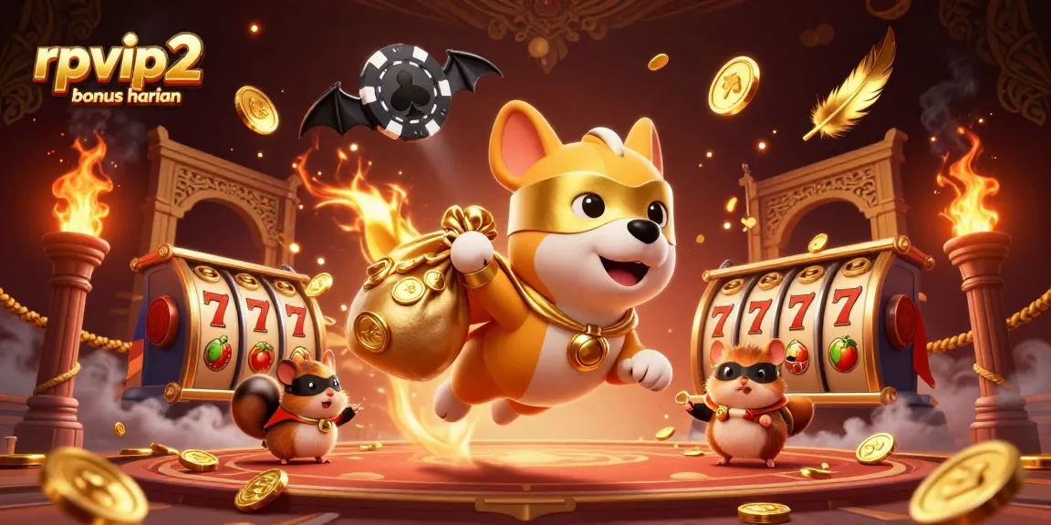 Engage with rpvip2 bonus harian to win big, featuring a superhero dog and hamster in a vibrant casino scene.