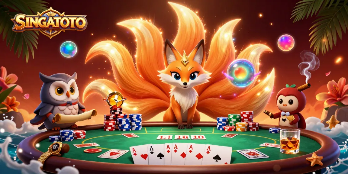 SINGATOTO mempersembahkan ilustrasi kasino 3D yang menampilkan karakter mitologi, chip poker, dan suasana penuh warna.