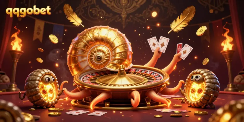 Engage in thrilling gameplay with qqgobet's vibrant 3D casino scene featuring a nautilus roulette wheel.