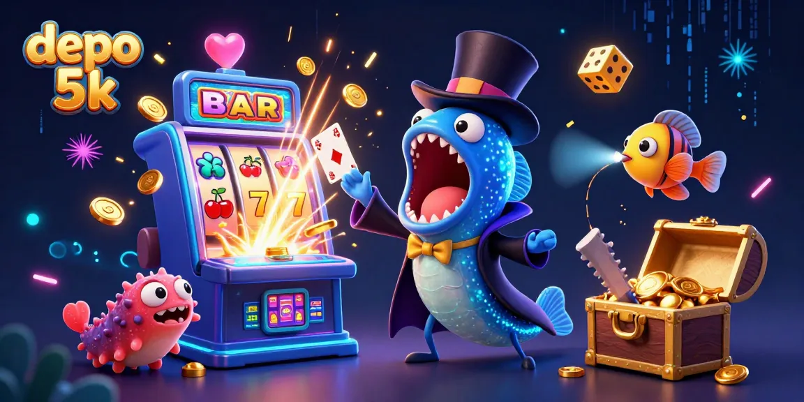 Experience the excitement of depo 5k with a lively 3D illustration showcasing card tricks, jackpots, and casino action.
