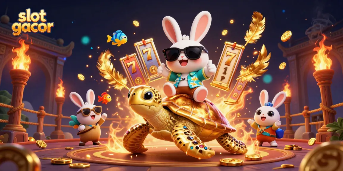 Engage with slot gacor gameplay featuring a lucky rabbit riding a golden sea turtle in a vibrant casino scene.