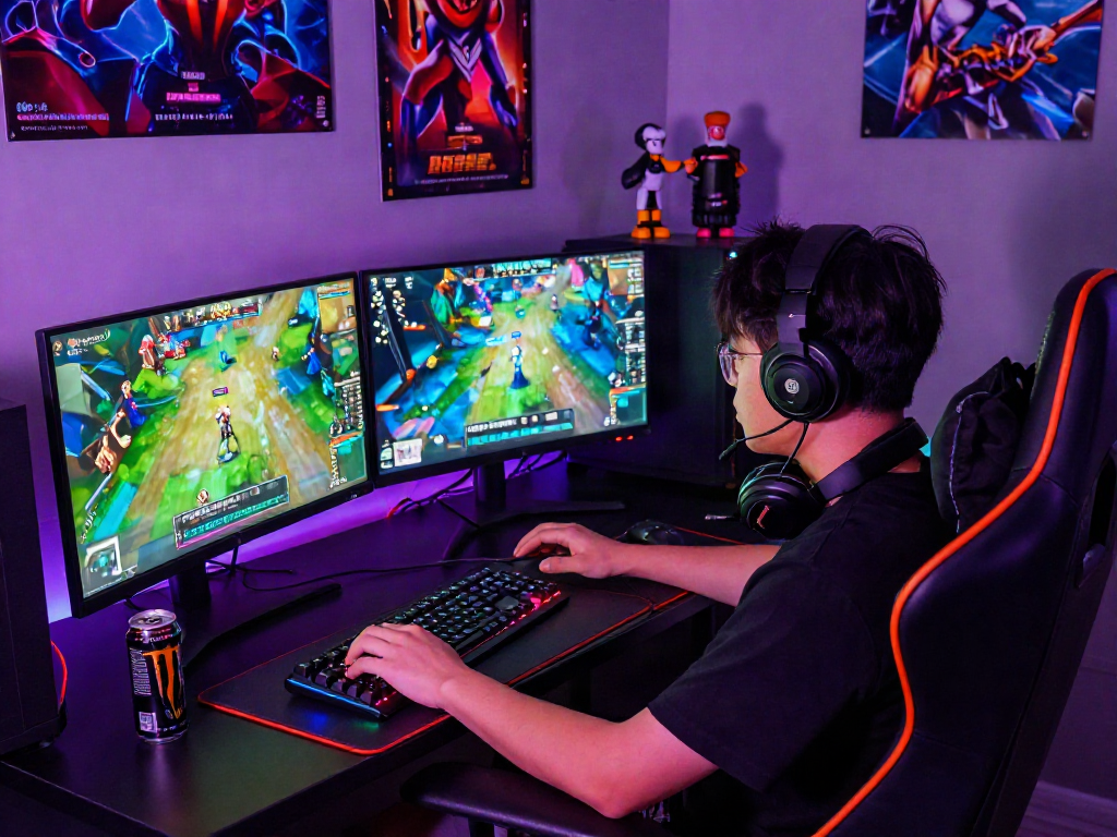 Intense gamer immersed in MAHJONGJP88 dan permainan online, vibrant game setup and colorful environment.