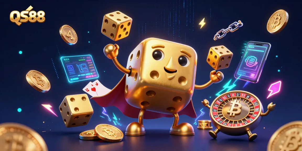Experience thrilling gameplay with QS88 as golden dice and crypto coins illuminate the casino.