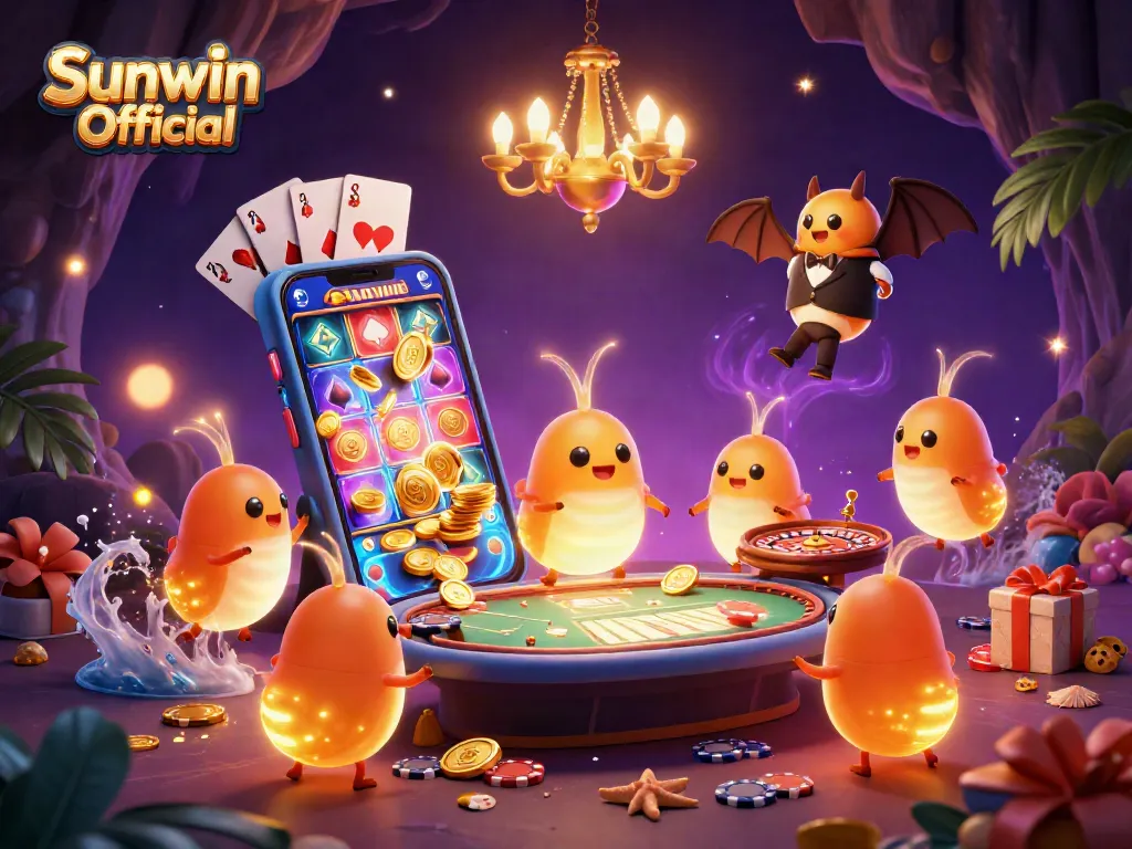 Join the excitement of Sunwin Official with glowing characters in a vibrant casino scene.