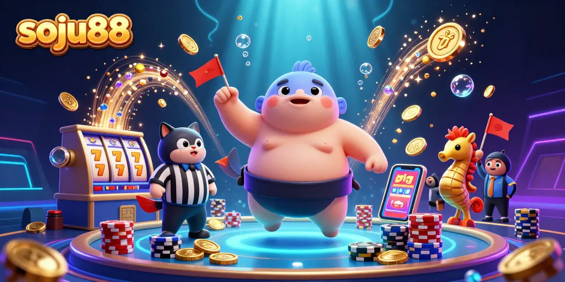 Join the soju88 adventure with a colorful fugu and catfish referee in a casino-themed underwater setting.
