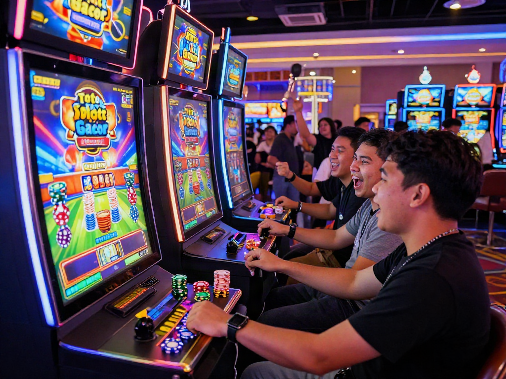 Suasana kasino dengan mesin slot "Toto Slot Gacor" yang cerah dan menarik, pemain bersorak.