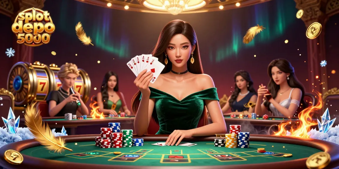 Spin to win big with slot depo 5000 in an exhilarating casino scene featuring a beautiful poker player.