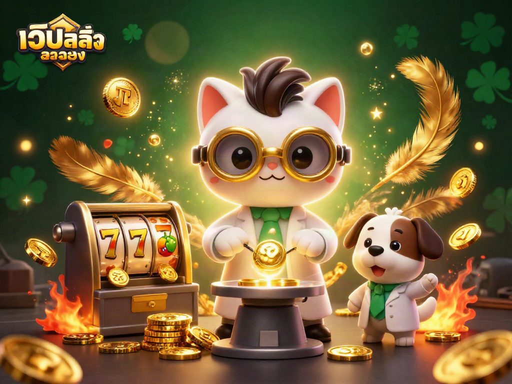 Win big with เว็บสล็อตตรง featuring a lively scene of a mad scientist cat and his loyal dog amidst slot machine excitement!