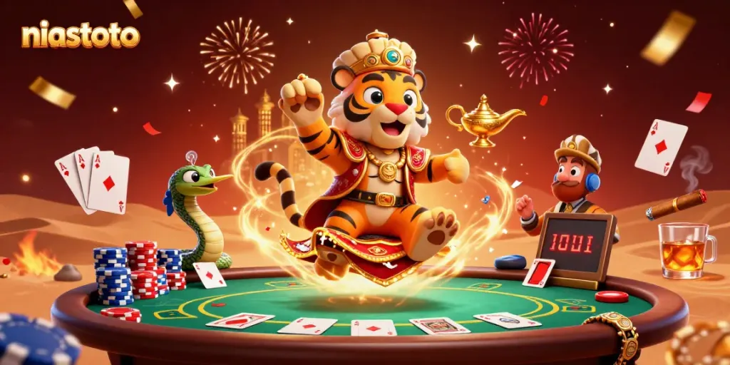 Experience niastoto's vibrant 3D casino scene with a tiger sultan, magic snake, and dynamic poker environment.