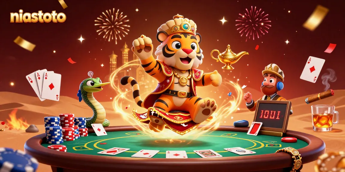 Experience niastoto's vibrant 3D casino scene with a tiger sultan, magic snake, and dynamic poker environment.
