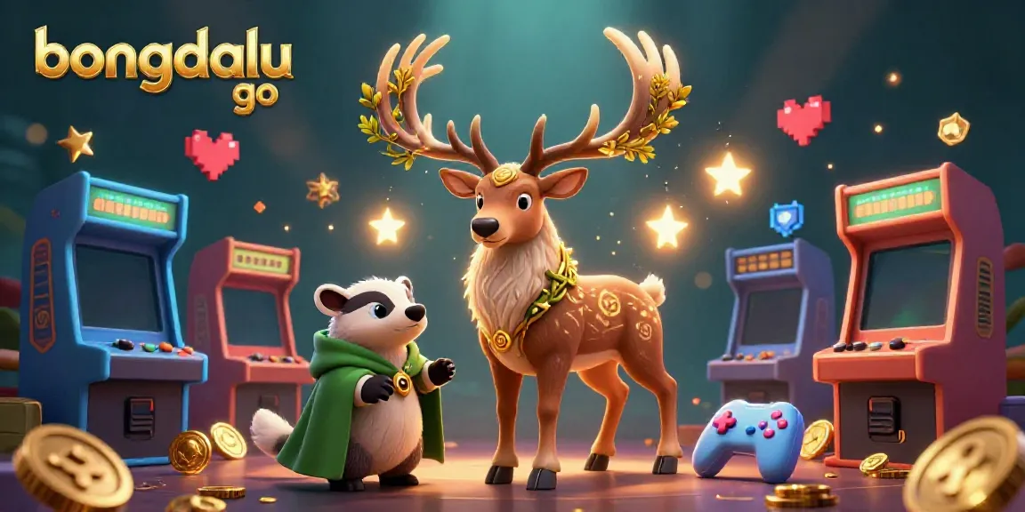 Bongdalu go brings a vibrant gaming scene with a Celtic druid stag and badger amid colorful arcade elements.