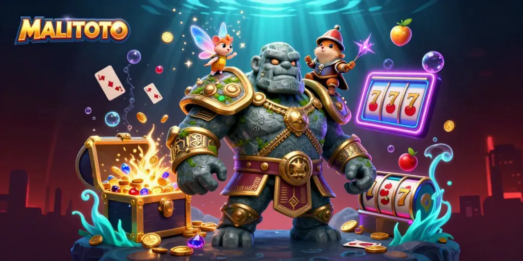 Experience the thrill of MALITOTO with a magical 3D casino scene featuring a golem, fairy, and hamster knight.