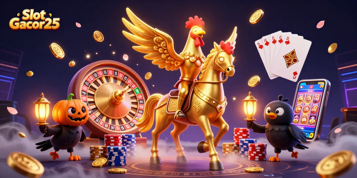 Menangkan permainan di Slot Gacor25 dengan ilustrasi kasino yang memukau penuh koin emas dan permainan menarik.