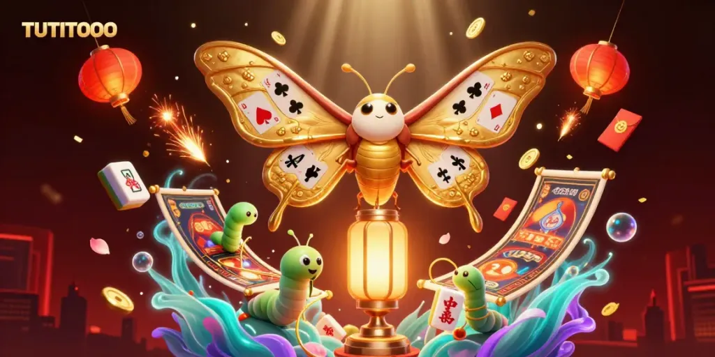 TUTITOTO showcases a vibrant 3D casino scene with a golden-winged moth and colorful gaming elements.