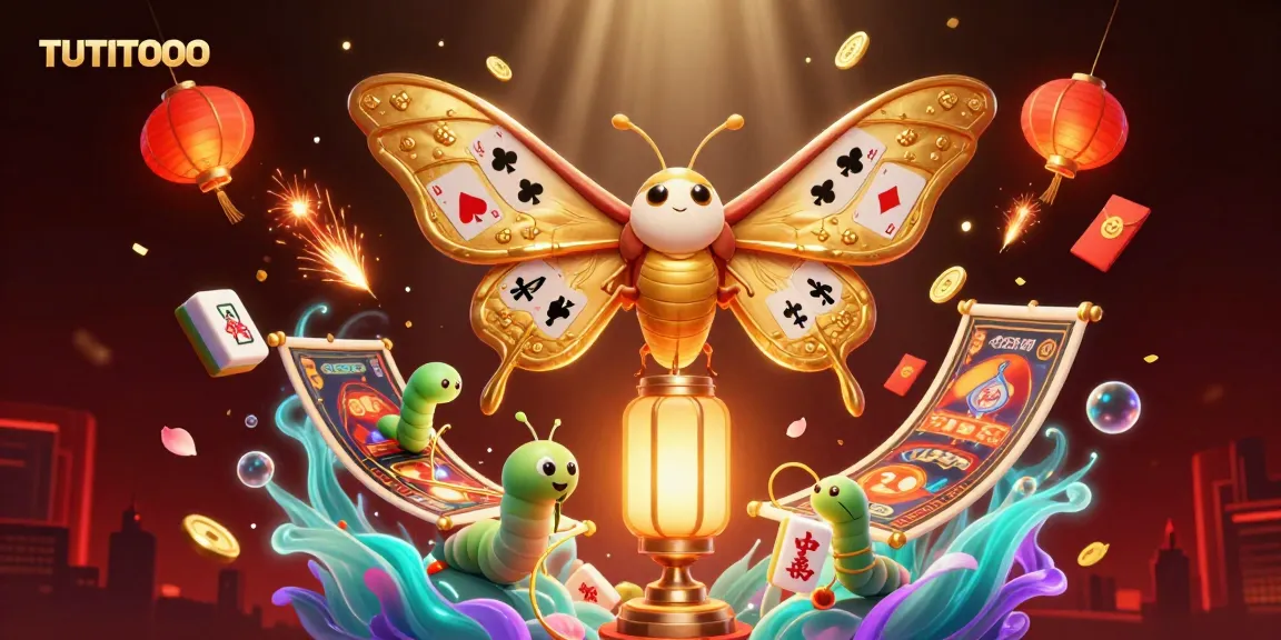 TUTITOTO showcases a vibrant 3D casino scene with a golden-winged moth and colorful gaming elements.