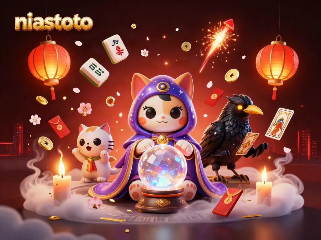 niastoto menghadirkan ilustrasi kasino yang penuh warna dengan kucing mistik dan burung gagak, simbol keberuntungan bertebaran.