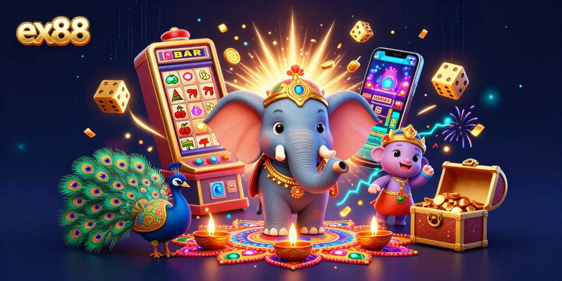 Experience excitement at ex88 with a vibrant 3D illustration of casino games and winnings.